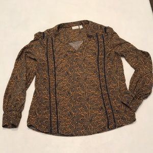 Navy and mustard, abstract flower blouse, large